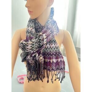 Prana Purple Black White Fringe Winter Scarf Accessories